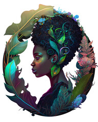 Round art illustration of a young woman in a circle of leaves and flowers