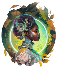 Round art illustration of young woman in a circle of flowers and leaves