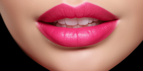 Fototapeta premium Sexy Lips close up, Beautiful Perfect Makeup, fuchsia pink Lip Gloss, big lip, Cosmetic beauty procedures