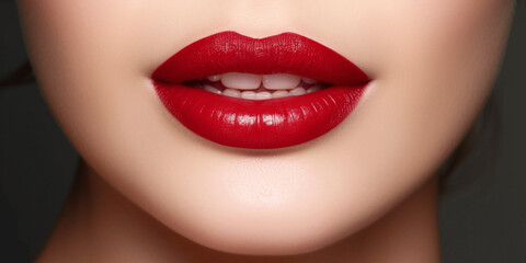 Obraz premium Sexy Lips close up, Beautiful Perfect Makeup, Bold red Lip Gloss, lipstick, big lips, Cosmetic beauty procedures