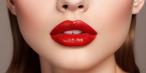 Sexy Lips close up, Beautiful Perfect Makeup, Bold red Lip Gloss, lipstick, big lips, Cosmetic beauty procedures