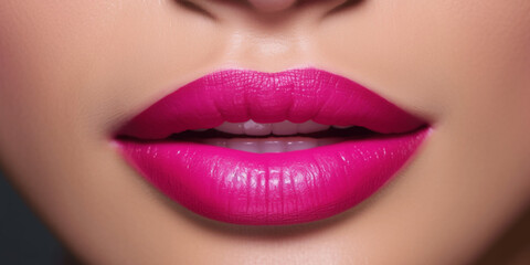 Fototapeta premium Sexy Lips close up, Beautiful Perfect Makeup, fuchsia pink Lip Gloss, big lip, Cosmetic beauty procedures