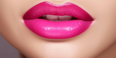 Sexy Lips close up, Beautiful Perfect Makeup, fuchsia pink Lip Gloss, big lip, Cosmetic beauty procedures