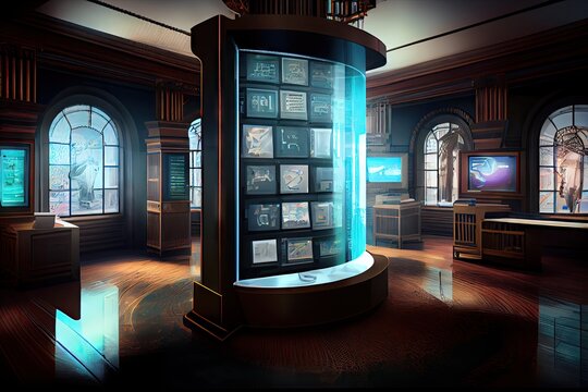 high-tech library with holographic interface, touch screens, and 3d visualizations, created with generative ai