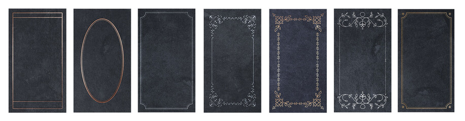 Set of ornamental golden and silver dark frames for playing cards, invitations, menus... on aged and stained paper background.