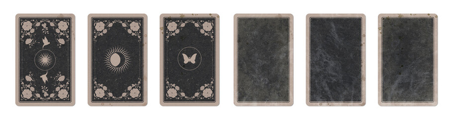 Set of three aged playing cards back with floral and esoteric designs and three faded, stained and battered blank playing cards, isolated on white background.