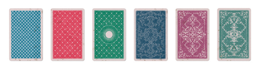 Set of illustrated playing card back designs, aged, stained and damaged, isolated on a white background.