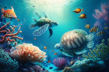 Fototapeta na wymiar coral reef with fish and all Animals of the underwater sea world. Ecosystem Colorful tropical fish, Bright sky, Safe Atmosphere, HQ landscape, 4K, Animal Wallpaper, wildlife Background,(generative AI)