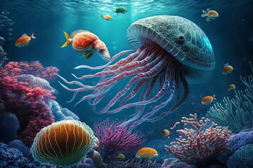 Vibrant and stunning coral reef ecosystem illustration with colourful tropical fish and high-quality landscape in 4K resolution, perfect for wildlife backgrounds and animal wallpapers