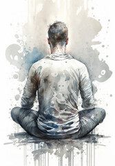 Man meditating in sitting pose illustration from behind with lotus flower esoteric yogi practice watercolor digital art generative ai