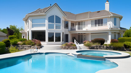 Beautiful home exterior and large swimming pool on sunny day with blue sky.