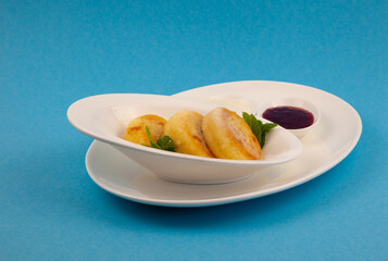 Round cottage cheese pancakes in a white plate on a blue background. Food breakfast. Healthy food. Sour cream sauce and mint. Top view closeup. Dessert meal. Curd cheese pancake ricotta fritters.