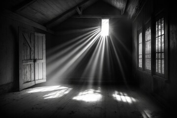 Sun rays in the room, sunny day scene. Dark room with white sunlight (Generative AI)