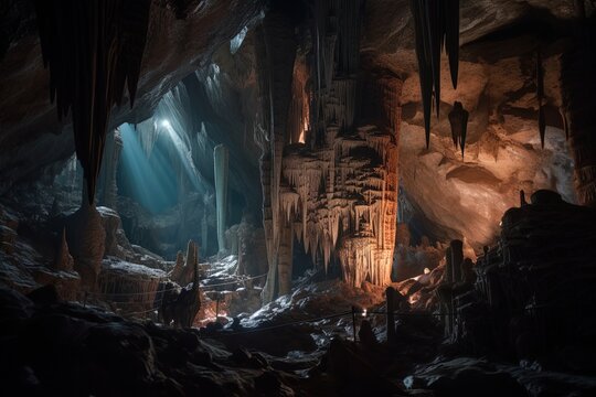 A cave system filled with glowing crystals and stalactites 