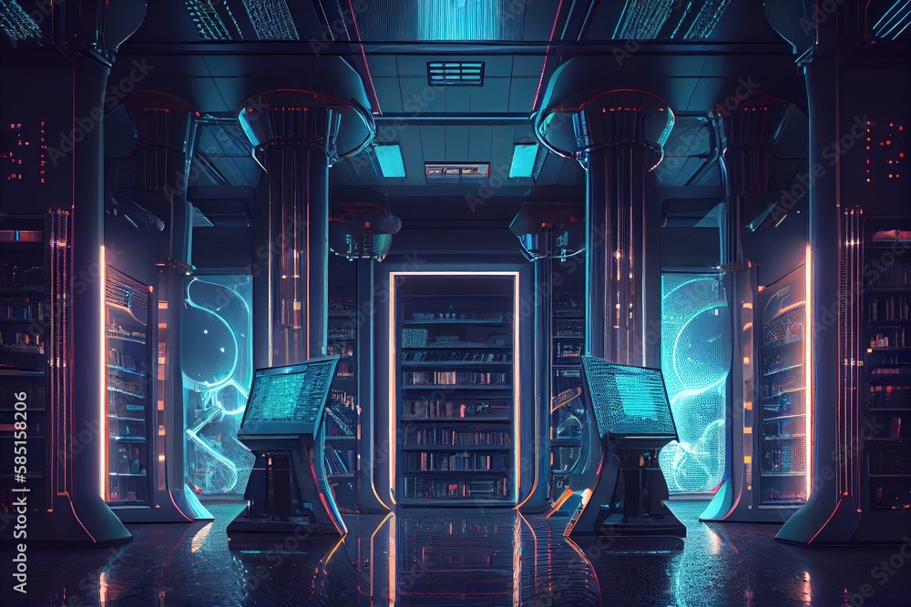 Wall mural futuristic library data center with virtual reality rooms, holographic displays and digital books, created with generative ai