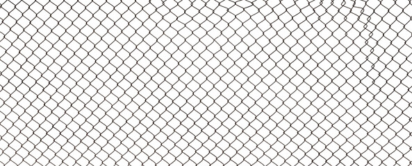The texture of the metal mesh. Torn, destroyed, broken metal mesh on a white background