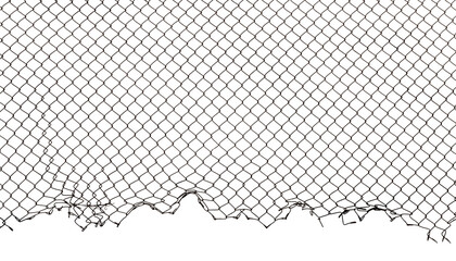 The texture of the metal mesh. Torn, destroyed, broken metal mesh on a white background - obrazy, fototapety, plakaty