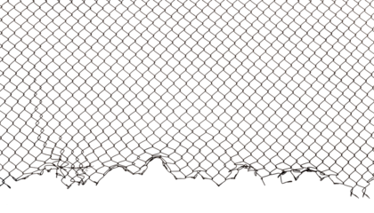 The texture of the metal mesh. Torn, destroyed, broken metal mesh on a white background