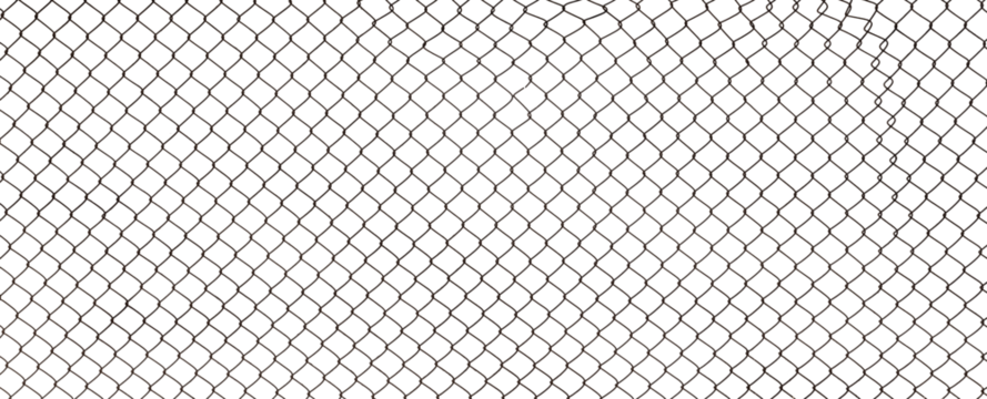 The texture of the metal mesh. Torn, destroyed, broken metal mesh on a white background