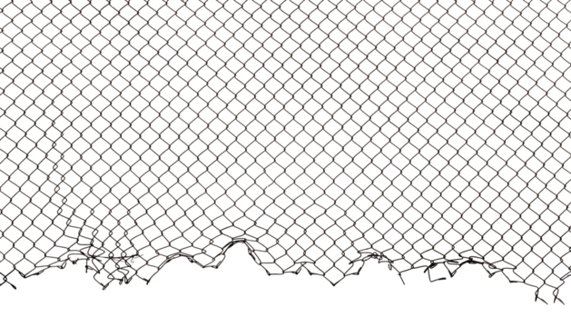 The texture of the metal mesh. Torn, destroyed, broken metal mesh on a white background