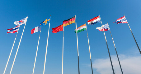 The national flags of nine nations, Thailand, South Korea, France, Sweden, China, Germany, Czech Republic, Netherlands, India