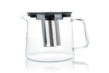 Empty glass teapot close up on a white background