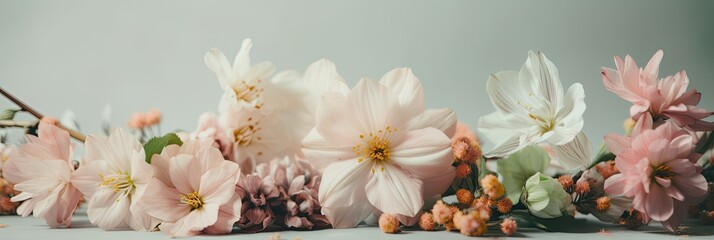 Frühlingshintergrund, Banner mit frischen Blumen, schönes Farbschema, Generative AI