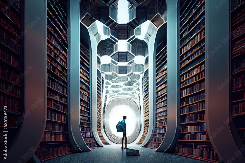 Wall mural person, searching for the perfect book, in futuristic library data center, created with generative ai