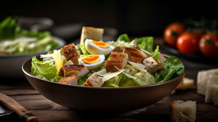 Classic Caesar salad with grilled chicken and boiled eggs