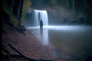 Generative AI: A ghostly cloaked figure emerges from a waterfall, hidden deep in a mystical forest. AI art.