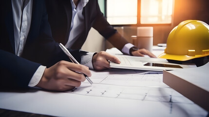 Businessmen are planning budgets for construction projects, analyzing company financial statements, managing global construction project costs.