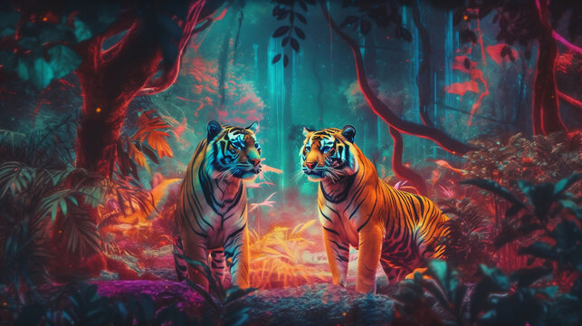 AI generated art of psychedelic frogs,parrots and tigers