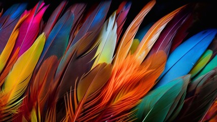 Multicolored feathers, close-up. Generative AI.