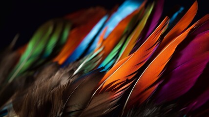 Multicolored feathers, close-up. Generative AI.