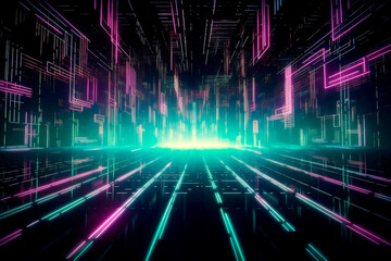 Digital binary code matrix background - 3D rendering of scientific technology data network in binary code, conveying connectivity, complexity and intense flow of information in updated digital age