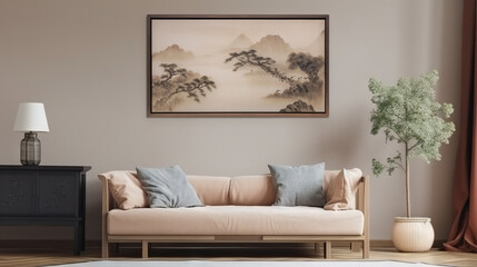 Bohemian Interior Design Style living room in pastel colors mock-up with frame for picture generative ai