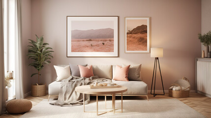 Fototapeta premium Bohemian Interior Design Style living room in pastel colors mock-up with frame for picture generative ai
