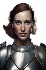 Female knight in titanium armour going into battle