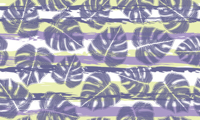 Monstera bush foliage floral seamless rapport over stripes background.