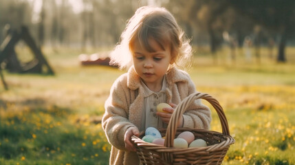 Young Female Child Gathering Colorful Easter Eggs Outdoors and Placing them In Her Basket - Generative AI.