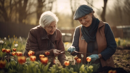 Elderly Lady Friends Planting Some Spring Plants Together In The Garden - Generative AI.
