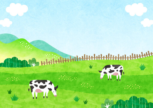 牛と草原の牧場風景 新緑の水彩背景イラスト