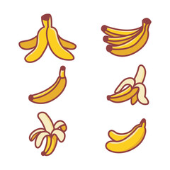 A set of cartoon banana illustrations: single, peeled and banana peel on the ground isolated on a white background. Flat style banana vector illustration design. Musa paradisiaca.