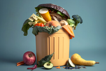 Uneaten unused spoiled vegetables thrown in the trash container. Food loss and food waste. Reducing wasted food, composting, rotten veggies in a trash. AI generated.