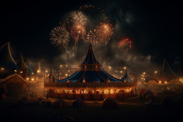 circus at night with fireworks in the background, Generative AI