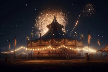 Deurstickers circus at night with fireworks in the background, Generative AI © scrawled soul