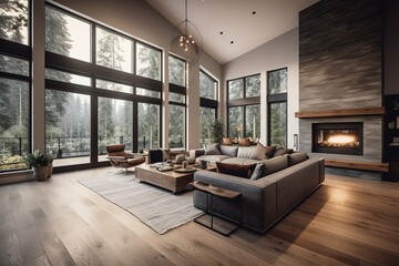 Beautiful Living Room in New Luxury Home with Fireplace and Roaring Fire. Large Bank of Windows Hints at Exterior View, Generative AI