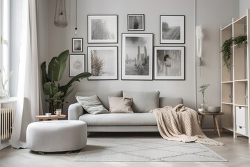 Grey settee near white cupboard in minimal living room interior with posters on the wall. Real photo, Generative AI