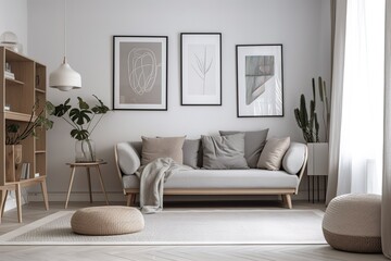 Grey settee near white cupboard in minimal living room interior with posters on the wall. Real photo, Japandi living room , Generative AI
