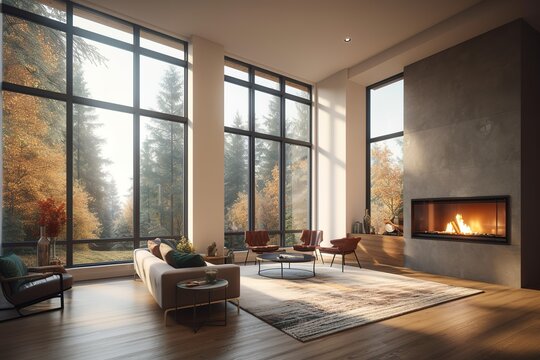 Beautiful Living Room in New Luxury Home with Fireplace and Roaring Fire. Large Bank of Windows Hints at Exterior View, Generative AI
